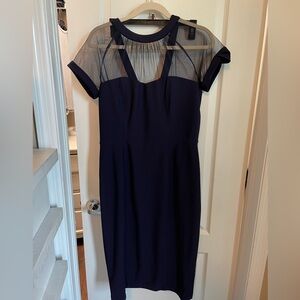 Navy Fitted Dress with Sheer Shoulder Coverage